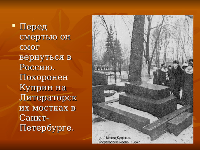 Перед смертью он смог вернуться в Россию. Похоронен Куприн на Литераторских мостках в Санкт-Петербурге. 