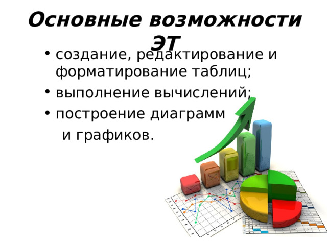 Основные возможности ЭТ создание, редактирование и форматирование таблиц; выполнение вычислений; построение диаграмм  и графиков. 