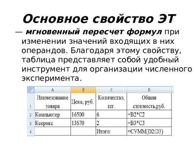 Основное свойство ЭТ — мгновенный пересчет формул при изменении значений входящих в них операндов. Благодаря этому свойству, таблица представляет собой удобный инструмент для организации численного эксперимента. 