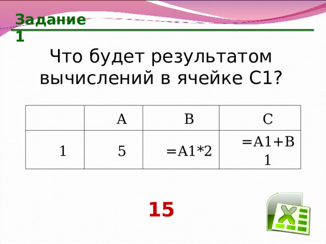 Задание 1 Что будет результатом вычислений в ячейке С1?   А 1 В 5 С =А1*2 =А1+В1 15 