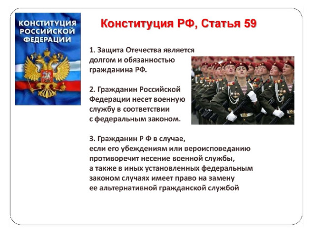 «У нас у всех есть один якорь, с которого, если сам не захочешь, никогда не сорвёшься: чувство долга.» И. С. Тургенев (1818–1883 гг.) В соответствии с Федеральным законом установлена воинская обязанность граждан России. Она означает обязанность граждан России нести военную службу в вооруженных силах РФ и защищать Отечество. Воинская обязанность не распространяется на иностранцев и лиц без гражданства, проживающих на территории РФ. Какая-либо замена одного гражданина другим для исполнения воинской обязанности не допускается. Граждане освобождаются от исполнения воинской обязанности только по основаниям, предусмотренным законом.  