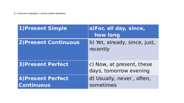  8. Соотнеси маркеры с указателями времени.   Present Simple For, all day, since, how long 2)Present Continuous b) Yet, already, since, just, recently 3)Present Perfect c) Now, at present, these days, tomorrow evening 4)Present Perfect Continuous d) Usually, never , often, sometimes 
