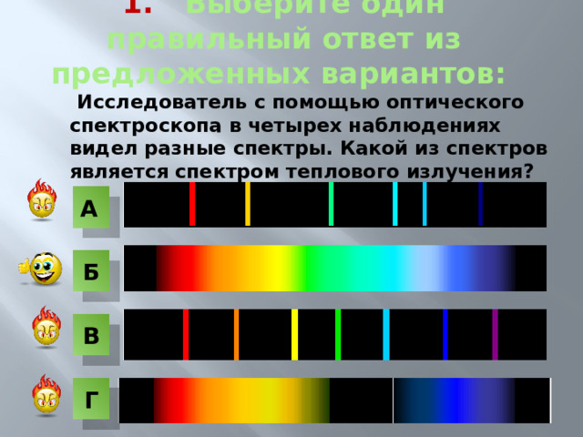 1. Выберите один правильный ответ из предложенных вариантов:  Исследователь с помощью оптического спектроскопа в четырех наблюдениях видел разные спектры. Какой из спектров является спектром теплового излучения? А Б В Г 