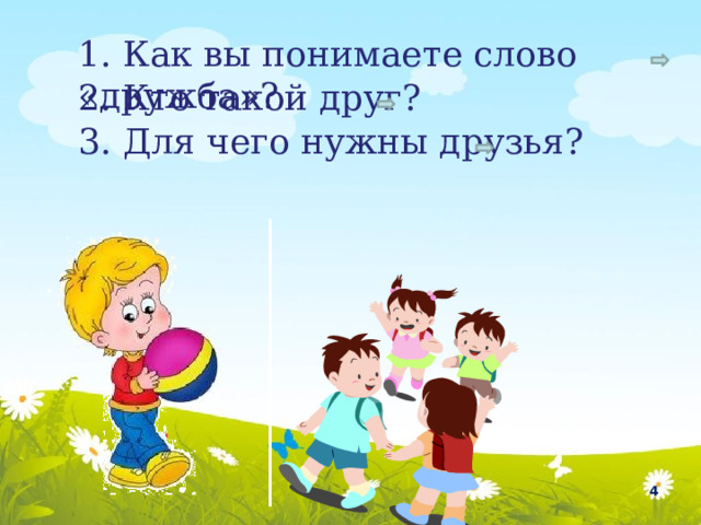 1. Как вы понимаете слово «дружба»? 2. Кто такой друг? 3. Для чего нужны друзья?