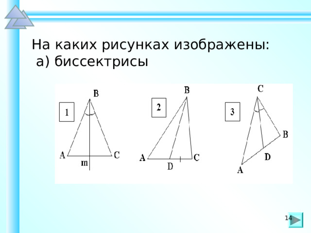 На каких рисунках изображены:  а) биссектрисы Шаблон для создания презентаций к урокам математики. Савченко Е.М. 14 14 