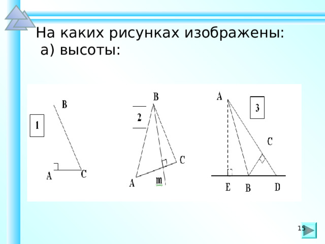 На каких рисунках изображены:  а) высоты: Шаблон для создания презентаций к урокам математики. Савченко Е.М. 15 15 