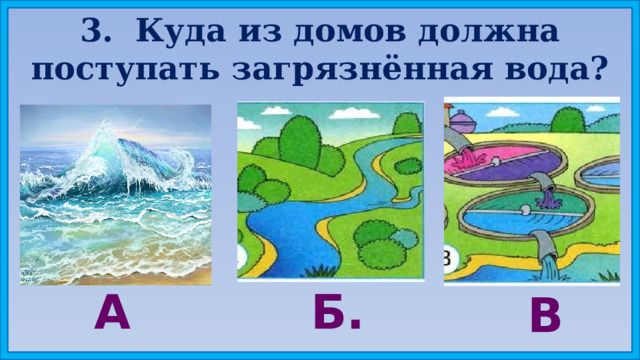 3. Куда из домов должна поступать загрязнённая вода? А. Б. В. Яковлева И.И. МОУ СОШ 