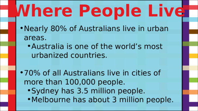 Where People Live Nearly 80% of Australians live in urban areas. Australia is one of the world’s most urbanized countries. Australia is one of the world’s most urbanized countries. 70% of all Australians live in cities of more than 100,000 people. Sydney has 3.5 million people. Melbourne has about 3 million people. Sydney has 3.5 million people. Melbourne has about 3 million people. 