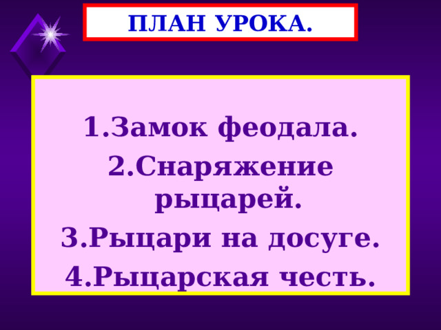 ПЛАН УРОКА.  1.Замок феодала. 2.Снаряжение рыцарей. 3.Рыцари на досуге. 4.Рыцарская честь. 