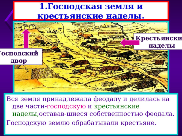 1.Господская земля и крестьянские наделы. Крестьянские  наделы Господский двор К 10 веку всю землю в Европе захватили феодалы-поя-вились феодальные вотчины .В её центре находился господский дом, или замок,вокруг- дома крестьян, находившихся в зависимости от феодала. Вся земля принадлежала феодалу и делилась на две части- господскую и крестьянские наделы, оставав-шиеся собственностью феодала. Господскую землю обрабатывали крестьяне. 