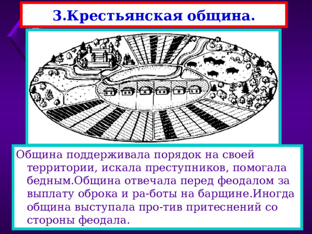 3.Крестьянская община. Община поддерживала порядок на своей территории, искала преступников, помогала бедным.Община отвечала перед феодалом за выплату оброка и ра-боты на барщине.Иногда община выступала про-тив притеснений со стороны феодала. Все крестьяне входили в общину,ведавшую хозяйст-венными делами.Земля давалась общине, а внутри ее происходил передел,что бы у всех были равные участки. Все дела в общине решались сообща,на общем сходе. 