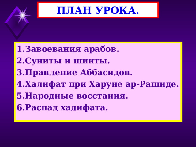 ПЛАН УРОКА. 1.Завоевания арабов. 2.Суниты и шииты. 3.Правление Аббасидов. 4.Халифат при Харуне ар-Рашиде. 5.Народные восстания. 6.Распад халифата. 