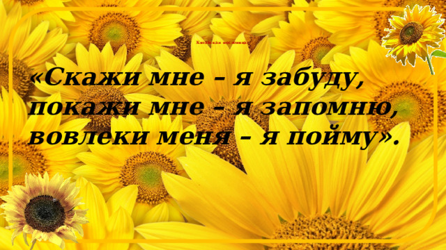 Китайская пословица:   «Скажи мне – я забуду, покажи мне – я запомню, вовлеки меня – я пойму». 