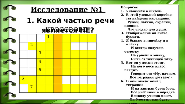 Исследование №1  1. Какой частью речи является НЕ? Вопросы: Учащийся в школе. В этой узенькой коробке ты найдешь карандаши,  Ручки, ластик, скрепки, кнопки,  Что угодно для души. Изображение на листе бумаги. Я бываю в линейку и в клетку  И всегда получаю отметку  На уроках я молчу,  Быть отличницей хочу. Вот он у доски стоит,  На него весь класс глядит.  Говорит он: «Ну, начнем.  Все тетрадки достаем!» В нем лежат пенал, тетрадки  И на завтрак бутерброд.  Все учебники в порядке  В школу ученик несет.  Он блестит, как будто глянец,  - За спиной красивый … Остро носик ты заточишь.  Нарисуешь всё, что хочешь.  Будет солнце, море, пляж.  Что же это? КРОССВОРД       2     1       3               6   4 5                 7                                                                           2 1       3                 6 4     5           7                                                                   