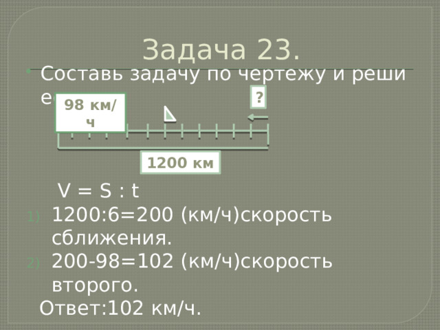 Задача 23. Составь задачу по чертежу и реши ее.  V = S : t 1200:6=200 (км/ч)скорость сближения. 200-98=102 (км/ч)скорость второго.  Ответ:102 км/ч. ? 98 км/ч 1200 км 