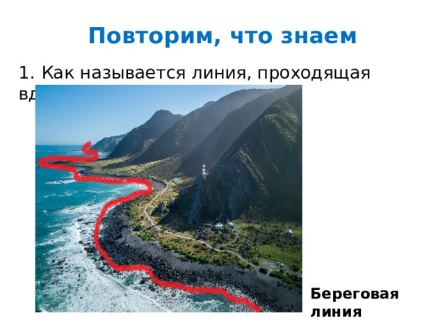 Повторим, что знаем 1.  Как называется линия, проходящая вдоль берега? Береговая линия 