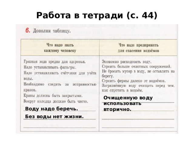 Работа в тетради (с. 44) Очищенную воду использовать вторично. Воду надо беречь. Без воды нет жизни. 