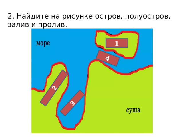 2 3 4 2. Найдите на рисунке остров, полуостров, залив и пролив. 1 