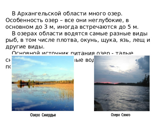 В Архангельской области много озер. Особенность озер – все они неглубокие, в основном до 3 м, иногда встречаются до 5 м. В озерах области водятся самые разные виды рыб, в том числе плотва, окунь, щука, язь, лещ и другие виды. Основной источник питания озер - талые снеговые воды, дождевые воды, а также подземные воды. 