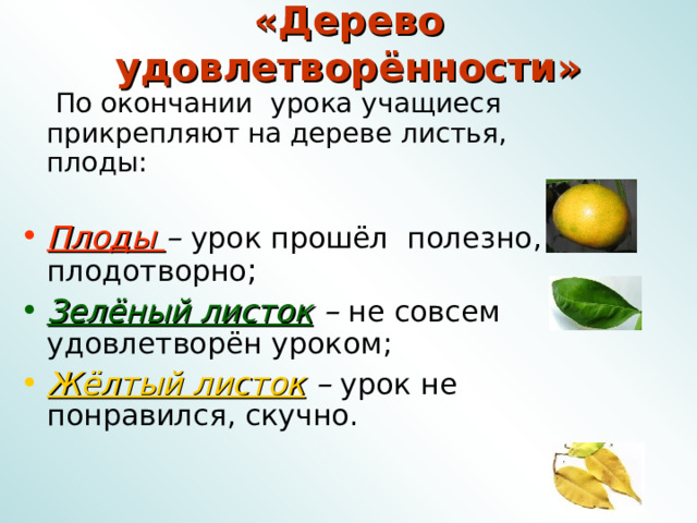 «Дерево удовлетворённости»    По окончании урока учащиеся прикрепляют на дереве листья, плоды:  Плоды – урок прошёл полезно, плодотворно ; Зелёный листок – не совсем удовлетворён уроком; Жёлтый листок – урок не понравился, скучно. 