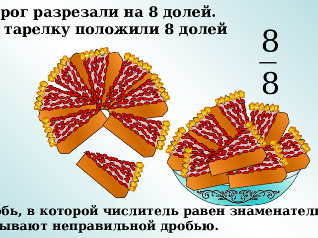 Пирог разрезали на 8 долей. На тарелку положили 8 долей Дробь, в которой числитель равен знаменателю, называют неправильной дробью. 7 