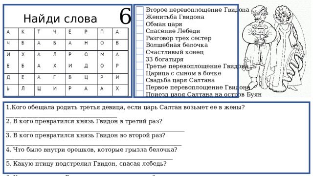 6 Второе перевоплощение Гвидона Женитьба Гвидона Обман царя Спасение Лебеди Разговор трех сестер Волшебная белочка Счастливый конец 33 богатыря Третье перевоплощение Гвидона Царица с сыном в бочке Свадьба царя Салтана Первое перевоплощение Гвидона Приезд царя Салтана на остров Буян Найди слова 1.Кого обещала родить третья девица, если царь Салтан возьмет ее в жены?______________________________________ 2. В кого превратился князь Гвидон в третий раз?_____________________________________________________________ 3. В кого превратился князь Гвидон во второй раз?____________________________________________________________ 4. Что было внутри орешков, которые грызла белочка?_________________________________________________________ 5. Какую птицу подстрелил Гвидон, спасая лебедь?____________________________________________________________ 6. Кого спас князь Гвидон от чародея-коршуна?_______________________________________________________________ 5. Предводитель 33 богатырей. _____________________________________________________________________________ 13. Как называется остров, на котором жил князь Гвидон со своею матушкой? ____________________________________ 15. В кого превратился князь Гвидон в первый раз? ___________________________________________________________ 