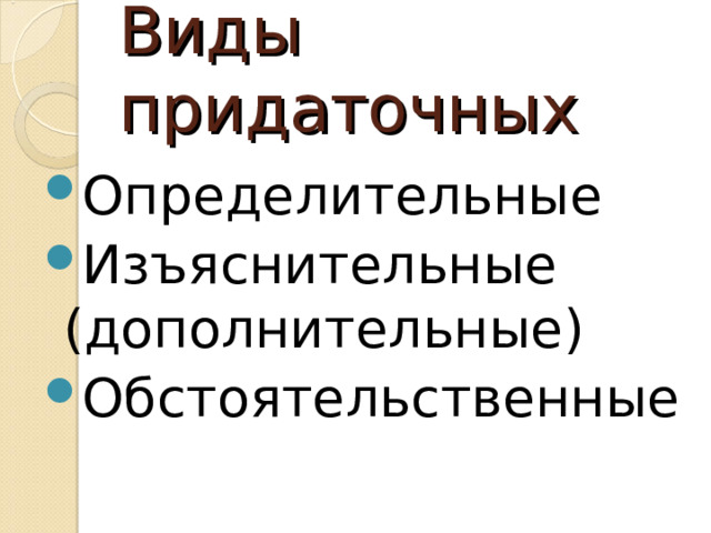 Виды придаточных Определительные Изъяснительные (дополнительные) Обстоятельственные 