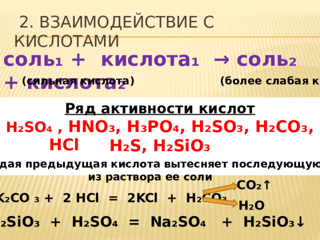  2. Взаимодействие с кислотами соль₁ + кислота₁ → соль₂ + кислота₂ (сильная кислота) (более слабая кислота) Ряд активности кислот H ₂ SO ₄ , HNO₃, H₃PO₄, H₂SO₃, H₂CO₃, H₂S, H₂SiO₃  HCl каждая предыдущая кислота вытесняет последующую из раствора ее соли CO ₂↑ K ₂ CO ₃ + 2 HCl = 2KCl + H ₂ CO ₃ H ₂ O Na ₂SiO₃ + H₂SO₄ = Na₂SO₄ + H₂SiO₃↓ 