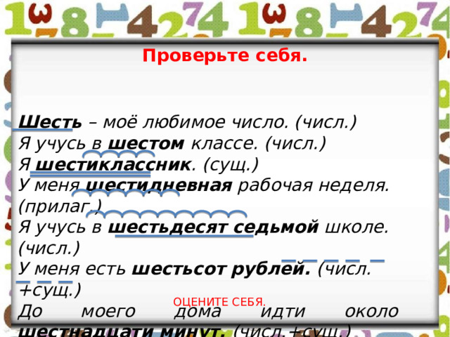 Проверьте себя. Шесть – моё любимое число. (числ.) Я учусь в шестом классе. (числ.) Я шестиклассник . (сущ.) У меня шестидневная рабочая неделя. (прилаг.) Я учусь в шестьдесят седьмой школе. (числ.) У меня есть шестьсот  рублей. (числ.+сущ.) До моего дома идти около шестнадцати минут. (числ.+сущ.) ОЦЕНИТЕ СЕБЯ. 