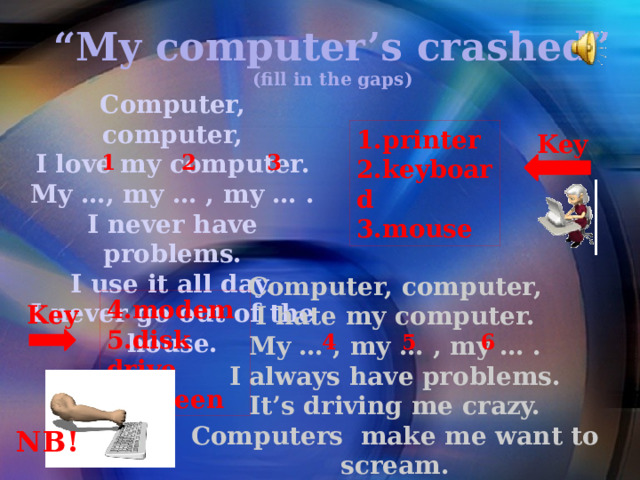 “ My computer’s crashed”  (fill in the gaps) Computer, computer, I love my computer. My …, my … , my … . I never have problems. I use it all day. I never go out of the house. 1.printer 2.keyboard 3.mouse Key 3 2 1 Computer, computer, I hate my computer. My … , my … , my … . I always have problems. It’s driving me crazy. Computers make me want to scream.  4.modem 5.disk drive 6.screen Key 4 5 6 NB! 