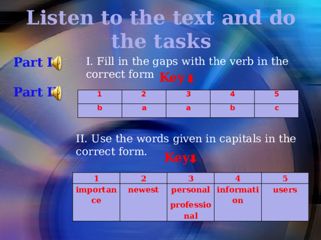 Listen to the text and do the tasks   I. Fill in the gaps with the verb in the correct form Part I  Part II Key 1 2 b a 3 4 a b 5 c II. Use the words given in capitals in the correct form. Key 1 importance 2 newest 3 4 personal 5 information professional users 