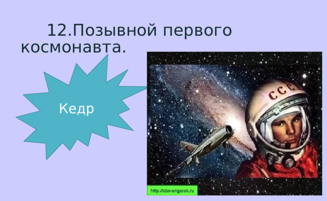  12.Позывной первого космонавта. Кедр 