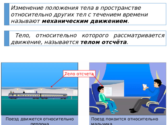 Изменение положения тела в пространстве относительно других тел с течением времени называют механическим движением . Тело, относительно которого рассматривается движение, называется  телом отсчёта . Тело отсчета Поезд движется относительно перрона Поезд покоится относительно мальчика 