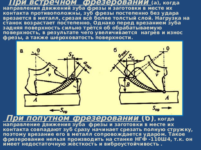  При встречном фрезеровании ( а), когда направления движений зуба фрезы и заготовки в месте их контакта противоположны, зуб фрезы постепенно без удара врезается в металл, срезая всё более толстый слой. Нагрузка на станок возрастает постепенно. Однако перед врезанием зуба задняя поверхность сильно трётся об обрабатываемую поверхность, в результате чего увеличивается нагрев и износ фрезы, а также шероховатость поверхности.             При попутном фрезеровании  (б) , когда направление движения зуба фрезы и заготовки в месте их контакта совпадают зуб сразу начинает срезать полную стружку, поэтому врезание его в металл сопровождается ударом. Такое фрезерование нельзя производить на станке НГФ -110Ш4, т.к. он имеет недостаточную жёсткость и виброустойчивость . 