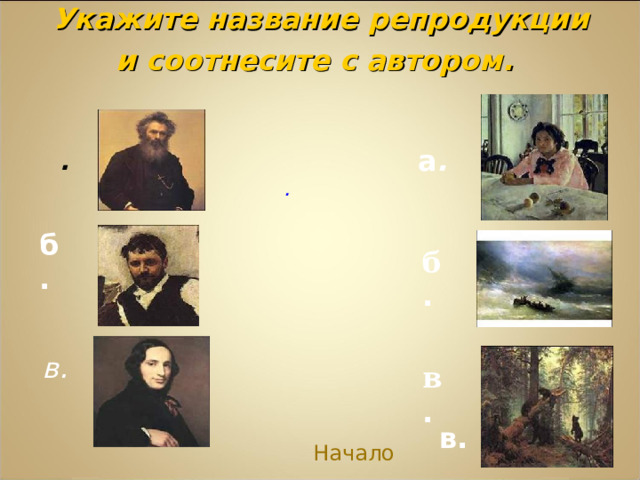 Укажите название репродукции и соотнесите с автором.  а .  а .  . б.  б .          в . в . в.  Начало 