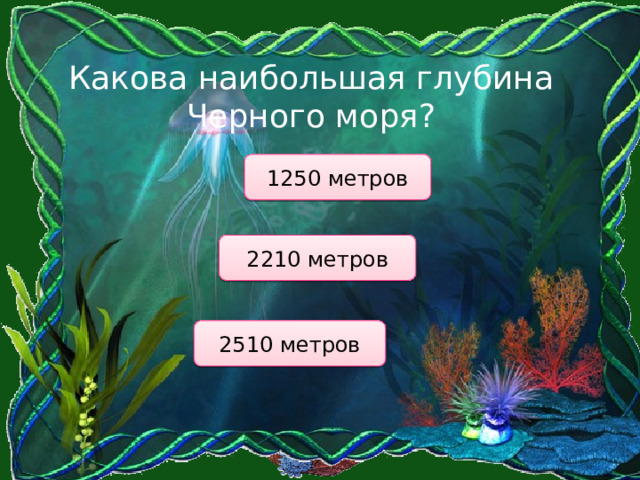 Какова наибольшая глубина Черного моря? 1250 метров 2210 метров 2510 метров 