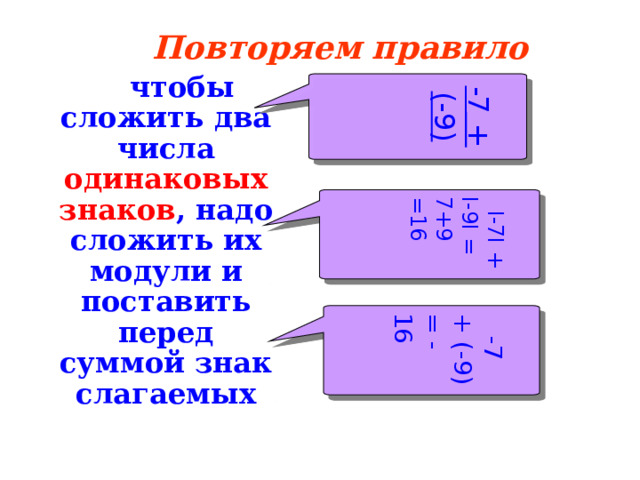  -7 + (-9)  I-7I + I-9I = 7+9 =16   -7 + (-9) = - 16 Повторяем правило   чтобы сложить два числа одинаковых знаков , надо сложить их модули и поставить перед суммой знак слагаемых   