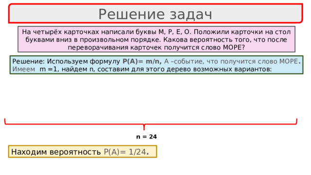 Решение задач На четырёх карточках написали буквы М, Р, Е, О. Положили карточки на стол буквами вниз в произвольном порядке. Какова вероятность того, что после переворачивания карточек получится слово МОРЕ? Решение: Используем формулу Р(А)= m/n, А –событие, что получится слово МОРЕ . Имеем  m =1, найдем n, составим для этого дерево возможных вариантов: Р М О Е Е Е М О О Р Е М Р О Р М Р Е О Р О Р Е Е М О О Р М О М Р М Е М Е О М Е Р М Е Р Е О Р Е О О Р М Р Е Р О Р Е М О О Е М М М n = 24 Находим вероятность Р(А)= 1/24 .  