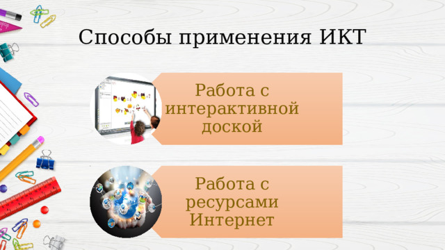 Работа с интерактивной доской Работа с ресурсами Интернет Способы применения ИКТ 