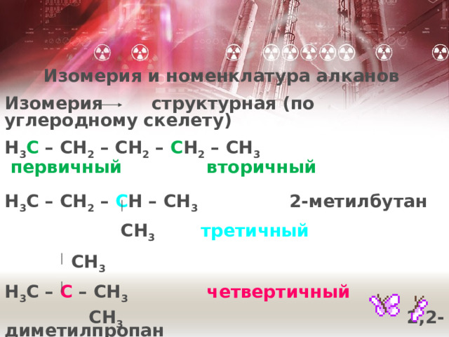 Изомерия и номенклатура алканов Изомерия структурная (по углеродному скелету) H 3 C – CH 2 – CH 2 – C H 2 – CH 3  первичный вторичный H 3 C – CH 2 – C H – CH 3 2-метилбутан  CH 3  третичный  CH 3  H 3 C – C – CH 3   четвертичный   CH 3  2,2-диметилпропан 