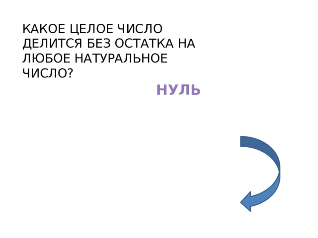 КАКОЕ ЦЕЛОЕ ЧИСЛО ДЕЛИТСЯ БЕЗ ОСТАТКА НА ЛЮБОЕ НАТУРАЛЬНОЕ ЧИСЛО? НУЛЬ 