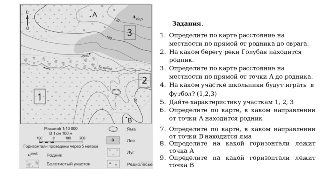 Задания . Определите по карте расстояние на местности по прямой от родника до оврага. На каком берегу реки Голубая находится родник. Определите по карте расстояние на местности по прямой от точки А до родника. На каком участке школьники будут играть в футбол? (1,2,3) Дайте характеристику участкам 1, 2, 3 Определите по карте, в каком на­прав­ле­нии от точки А на­хо­дит­ся родник Определите по карте, в каком на­прав­ле­нии от точки В на­хо­дит­ся яма Определите на какой горизонтали лежит точка А Определите на какой горизонтали лежит точка В   