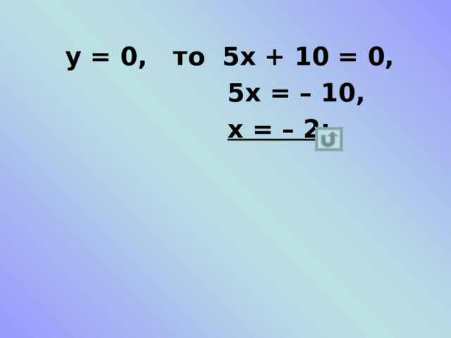  Найдите значение аргумента, при котором  линейная функция  у = 5х + 10  принимает значение     0 ; – 10 ; 9 .   