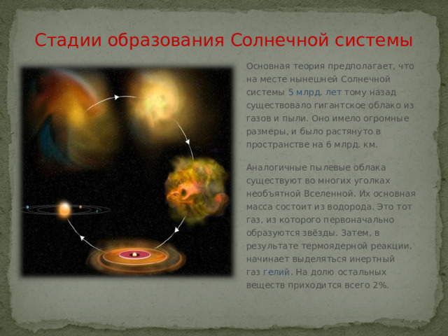 Стадии образования Солнечной системы Основная теория предполагает, что на месте нынешней Солнечной системы  5 млрд. лет  тому назад существовало гигантское облако из газов и пыли. Оно имело огромные размеры, и было растянуто в пространстве на 6 млрд. км. Аналогичные пылевые облака существуют во многих уголках необъятной Вселенной. Их основная масса состоит из водорода. Это тот газ, из которого первоначально образуются звёзды. Затем, в результате термоядерной реакции, начинает выделяться инертный газ  гелий . На долю остальных веществ приходится всего 2%. 