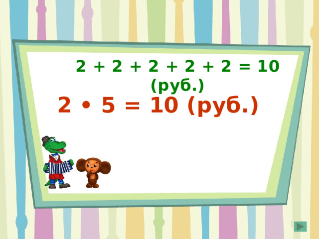 2 + 2 + 2 + 2 + 2 = 10 (руб.) 2 • 5 = 10 (руб.) 