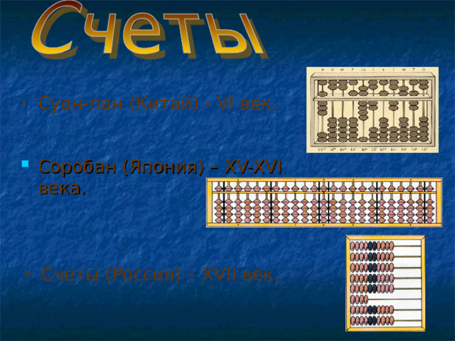 Суан-пан (Китай) - VI век.  Соробан (Япония) – XV-XVI века.  Счеты (Россия) – XVII век.  