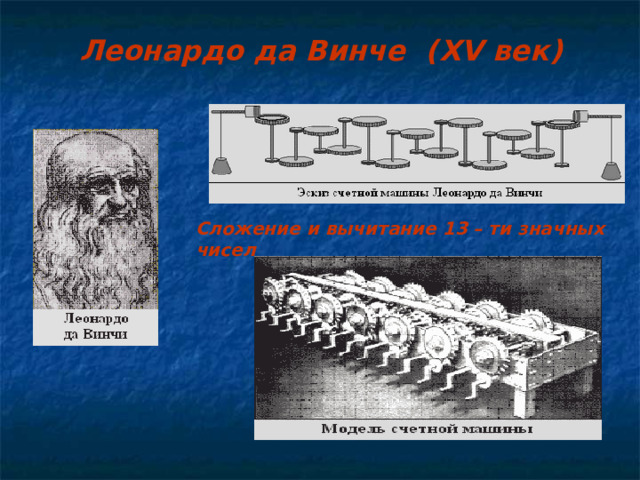 Леонардо да Винче ( XV век) Сложение и вычитание 13 – ти значных чисел  