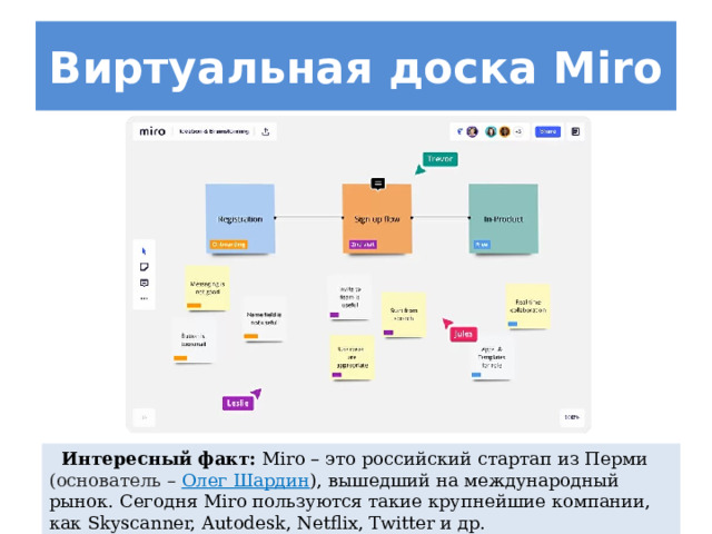 Виртуальная доска Miro  Интересный факт:  Miro – это российский стартап из Перми (основатель – Олег Шардин ), вышедший на международный рынок. Сегодня Miro пользуются такие крупнейшие компании, как Skyscanner, Autodesk, Netflix, Twitter и др. 