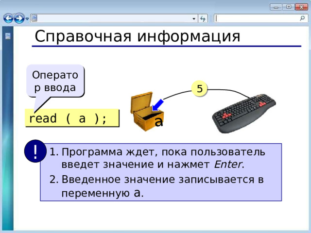 a Справочная информация Оператор ввода 5 read ( a ); ! Программа ждет, пока пользователь введет значение и нажмет Enter . Введенное значение записывается в переменную a . 
