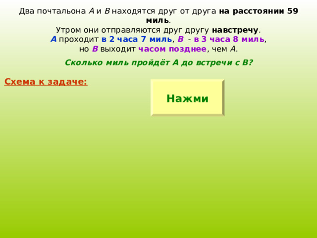 А В на расстоянии 59 миль навстречу А  в 2 часа 7 миль В в 3 часа 8 миль В часом позднее А Сколько миль пройдёт А до встречи с В? Схема к задаче: Нажми 